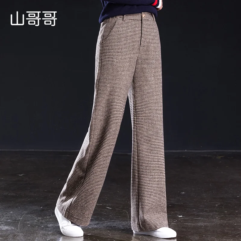 

Shangege Women Woolen Pants Plaid Flat High Waist Wide Leg Trousers Fashion Checked Loose Full Length Females Solid Casual Pant