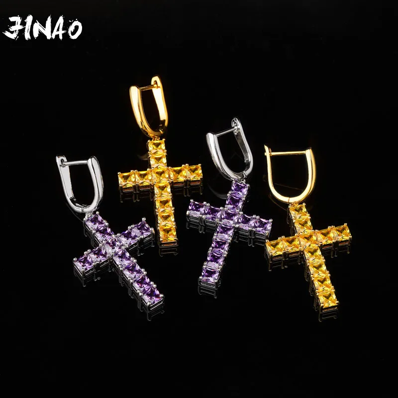 

JINAO Micro Paved Cross Full Bling Iced Out Earring Cubic Zircon Gold Silver Color Charm Stud Earrings Hip Hop Jewelry