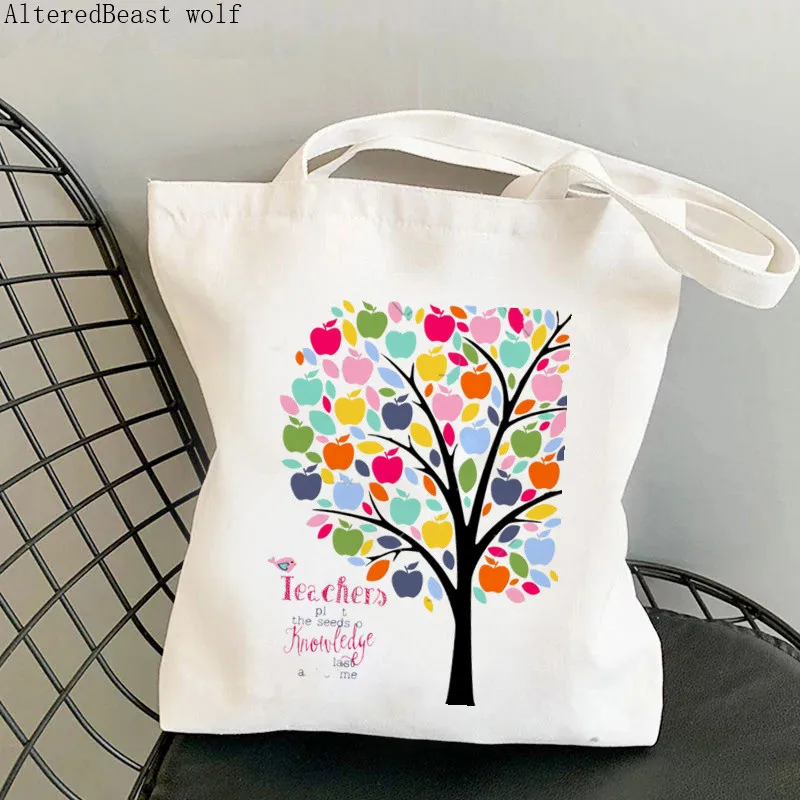 Women Shopper bag Teacher Vibes Rainbow Essential Harajuku Shopping Canvas Shopper Bag girl gift handbag Tote Shoulder Bag