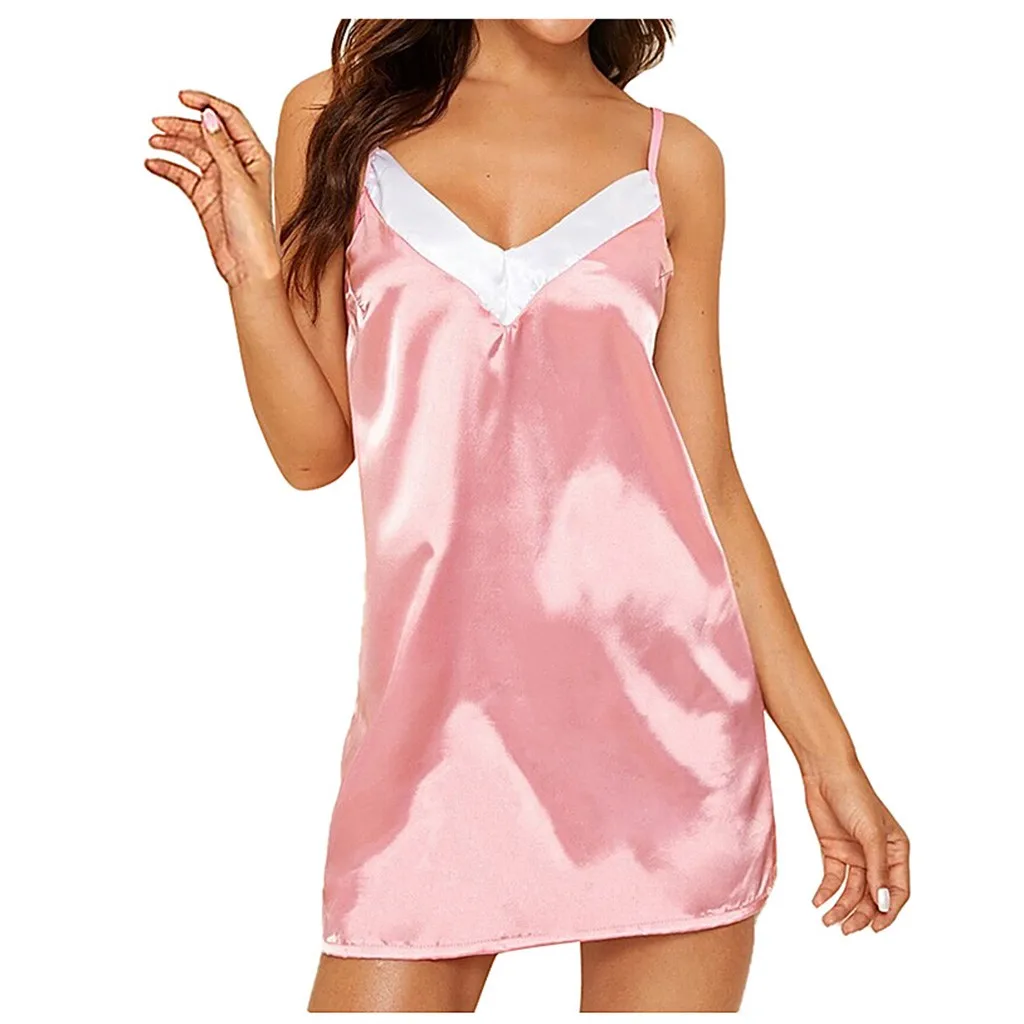 Pink 2s# Новые женские пижамы размера плюс с v-образным вырезом спинки атласная ночная рубашка Нижнее белье пижамы Нижнее белье одежда для сна женские пижамы - Цвет: Pink