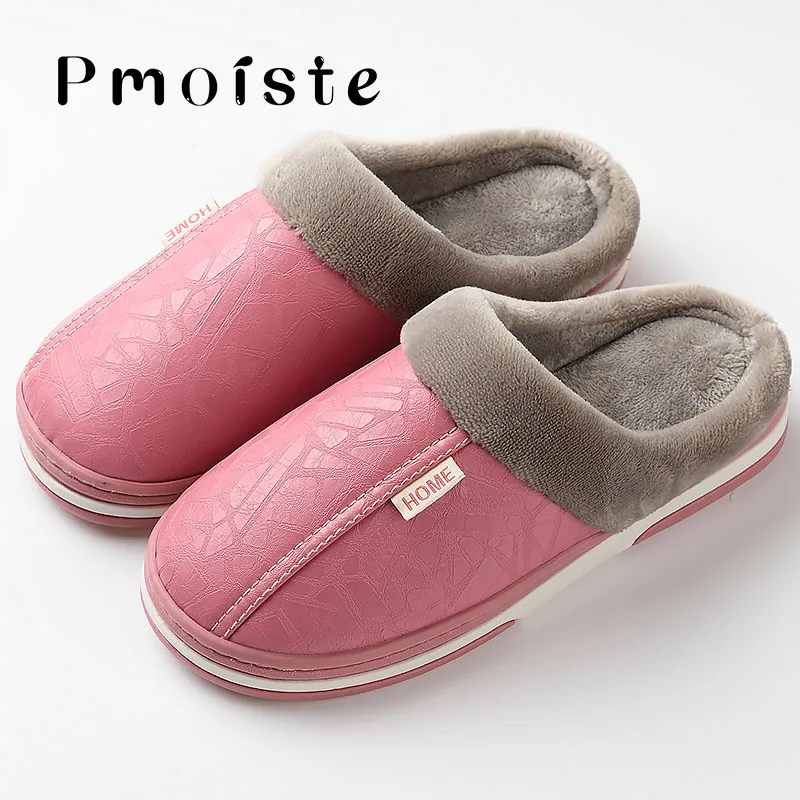 Женские тапочки на плоской подошве; модные плюшевые теплые тапочки на зиму; Женская водонепроницаемая обувь из искусственной кожи; большие размеры 43-50 - Цвет: Pink