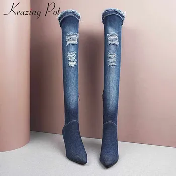 

Krazing Pot new unique denim stretch boots stiletto med heels pointed toe women fashion streetwear winter thigh high boots L52