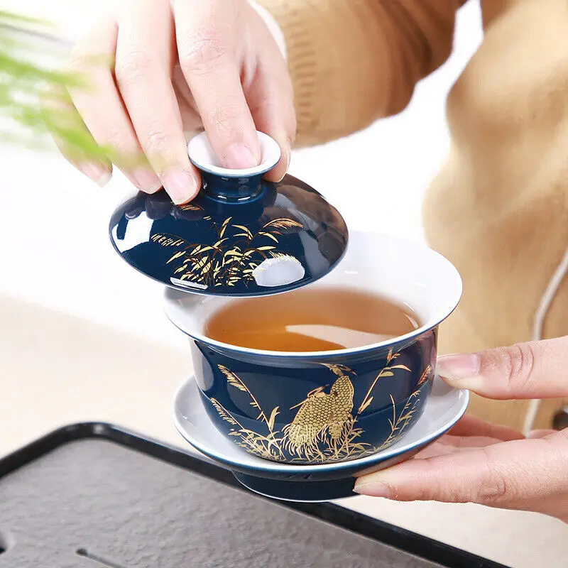 Блестящая голубая керамическая дегустационная чайная чашка Sancai Gaiwan чайная тарелка, китайская чайная чаша, чайная кофейная чашка и блюдце, набор, чашка для питья с крышкой