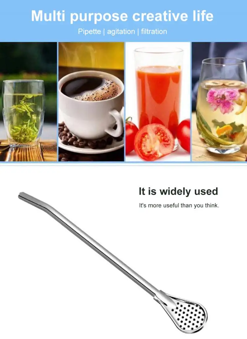 Stainless Steel Teaspoons Straw Tableware Spoon Juice Tea Coffee Spoon Drinking Straw Filter Drinks Tools Bar Scoops Accessories tea spoons