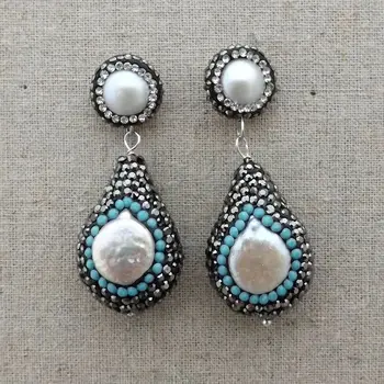 

K062615 1.6'' White Coin Pearl Macarstite Earrings