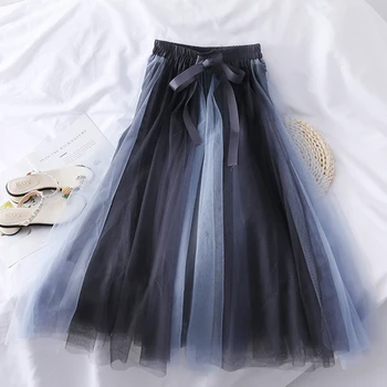 

2020 Spring Summer High Waist Bow Bandage Mesh Patchwork Skirt Faldas Elegant Slim Casual Beige/Blue/Black Midi Skirts Female