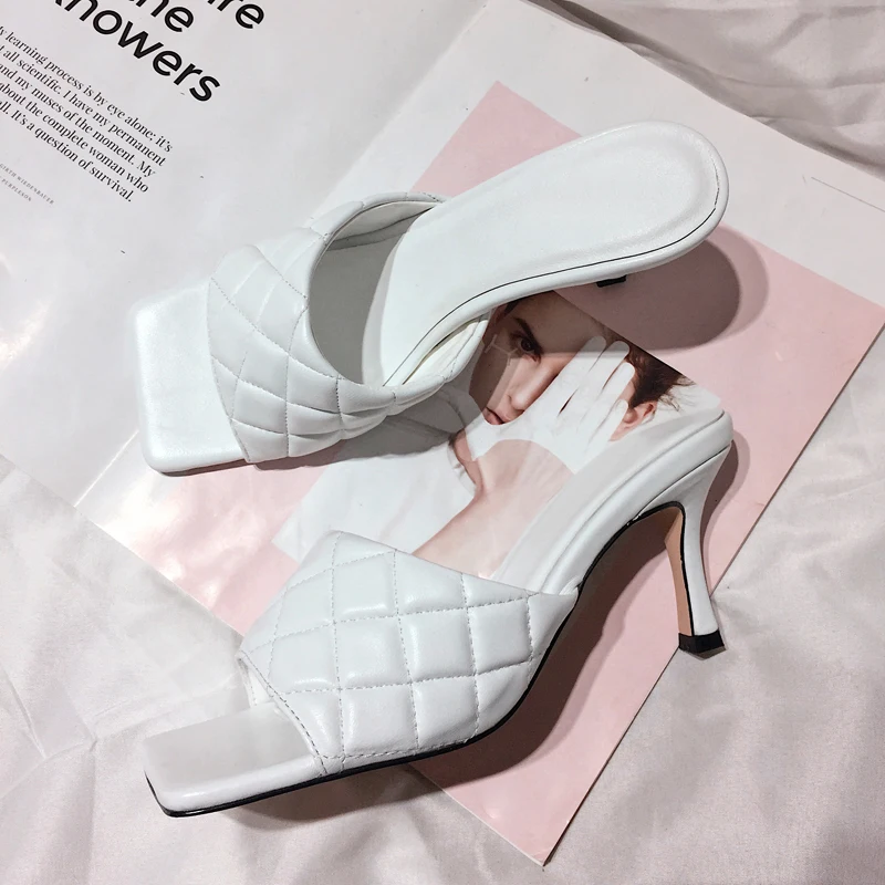 

2019 Brand Designer High Thin Heels Woman Slipper Runway Star Woman Slides White Color Square Toe Leather Zapatillas Mujer