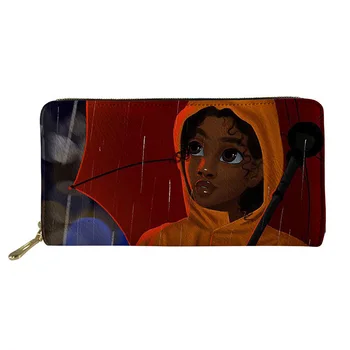 

HYCOOL 2020 New Women Wallets Yellow Raincoat Afro Girl Print Long PU Leather Purse Zipper Woman Clutch Casual Travel Money Bag