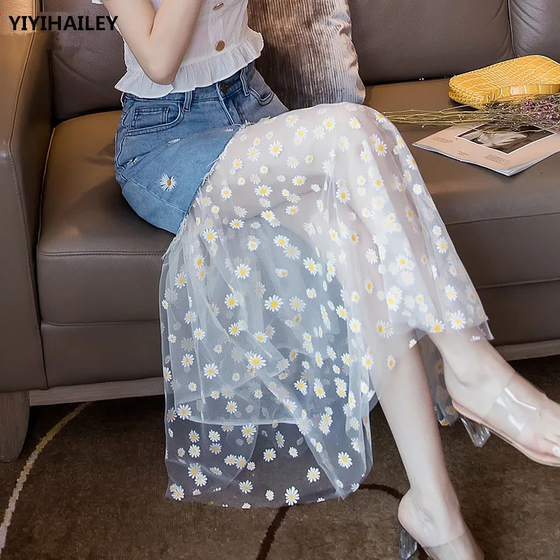 TIYIHAILEY 2021 Free Shipping Fashion Long Maxi Denim And Gauze Patchwork Skirt For Women S-2XL High Waist Summer Flowers Skirts free shipping korean wedding bride holding flowers simulation rose upscale wedding wedding props wholesale wedding bouquet