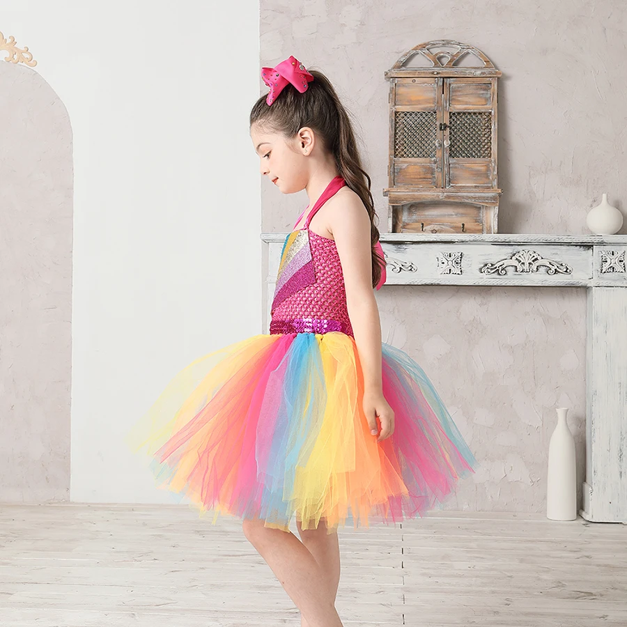 Jojo Siwa Inspired Girls Tutu Dress with Deluxe Bow Sparkly Rainbow Girls Princess Dress Kids Birthday Party Halloween Clothes (27)