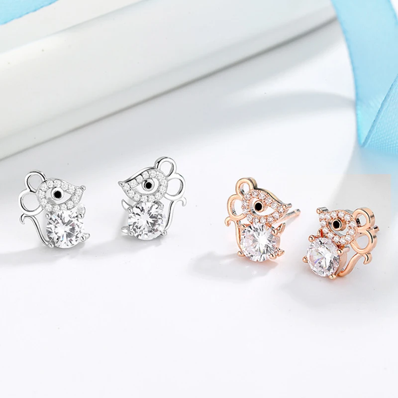 Новые 925 пробы серебряные серьги гвоздики для женщин ювелирные изделия Блестящий Изысканный Полный циркон серьги в виде мышей Леди китайский подарок на год