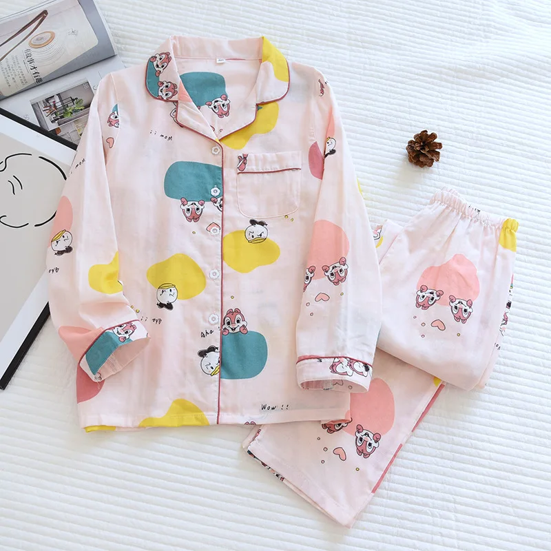 

Women Cotton Cartoon Pajama Set Thin Long Sleeve Cute White Nightwear Spring and Summer Female Pink Squirrel Printing Pajamas