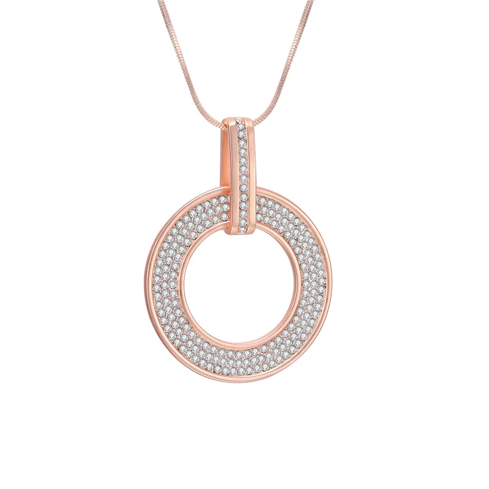 

New Big Round Geometric Circle Pendants Necklace 3 Colors Full CZ Crystal Long Chain For Mujer Jewelry Party Gift Dropshipping