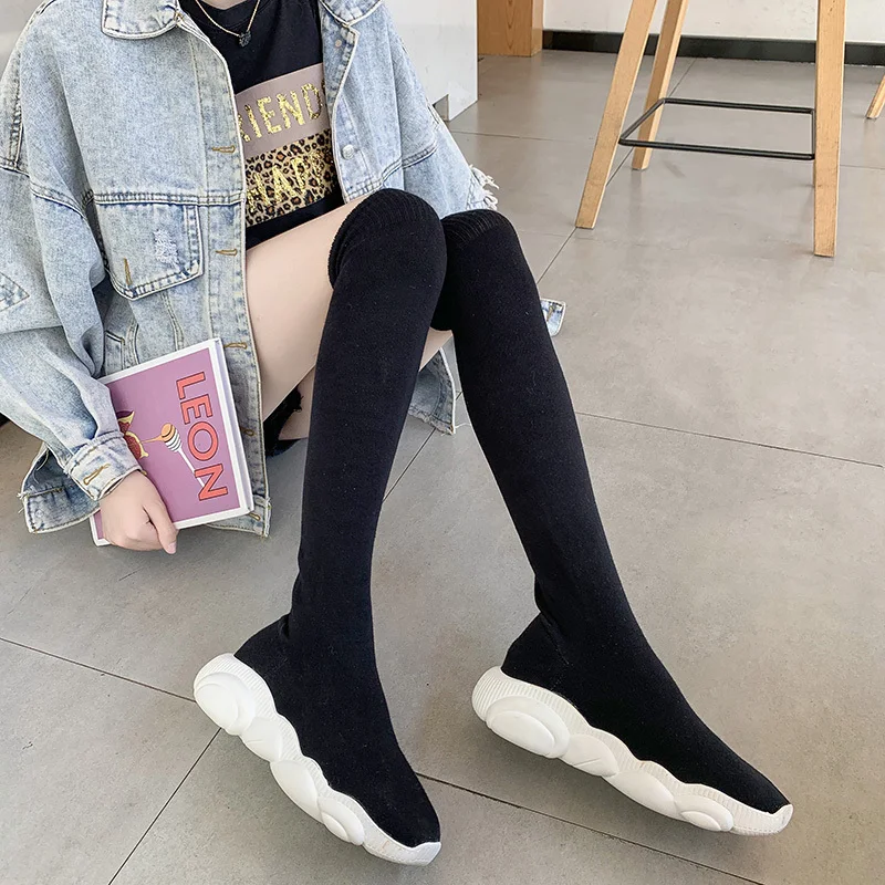 Slip on Sneakers Women Socks Boots Round Toe Over The Knee Boots Women Botas Mujer Rubber Flat Platform Women High Boots