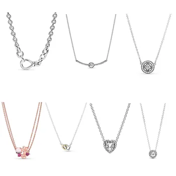 

925 Sterling Silver Pink Peach Blossom Flower Sparkle Halo Crystal Necklace For Women Party Wedding Jewelry