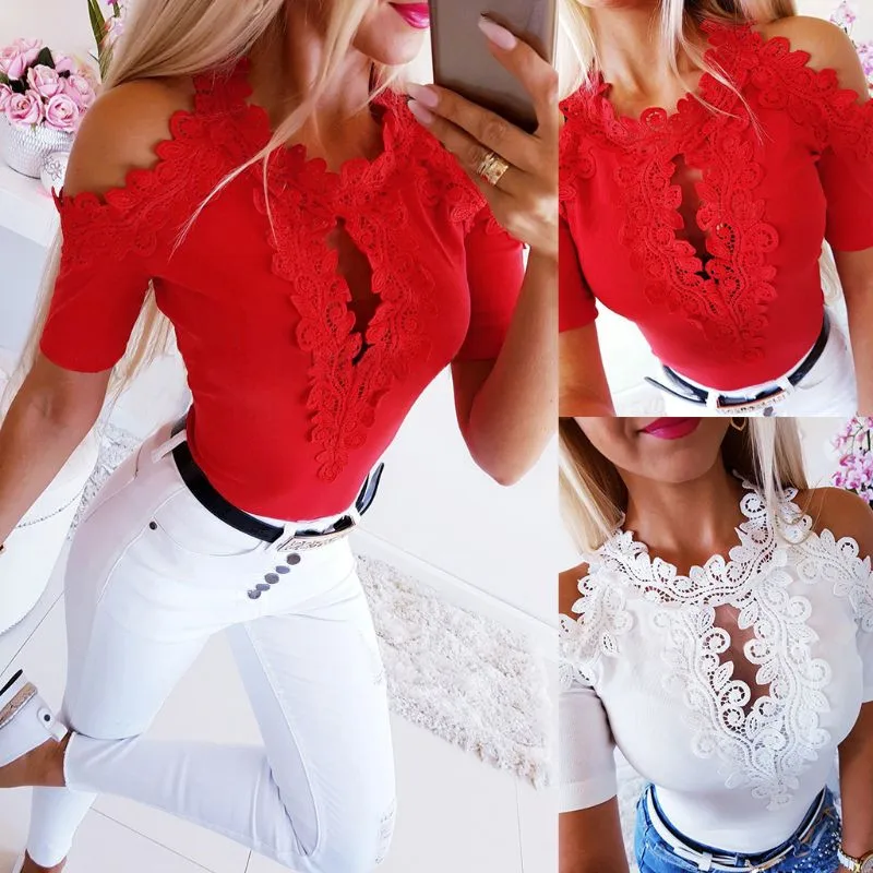 

Summer Women Sexy Cold Shoulder Slim Lace T-shirt Lady Casual Beach Short Sleeve Tops Hollow Out V Neck Mesh Tee Tops