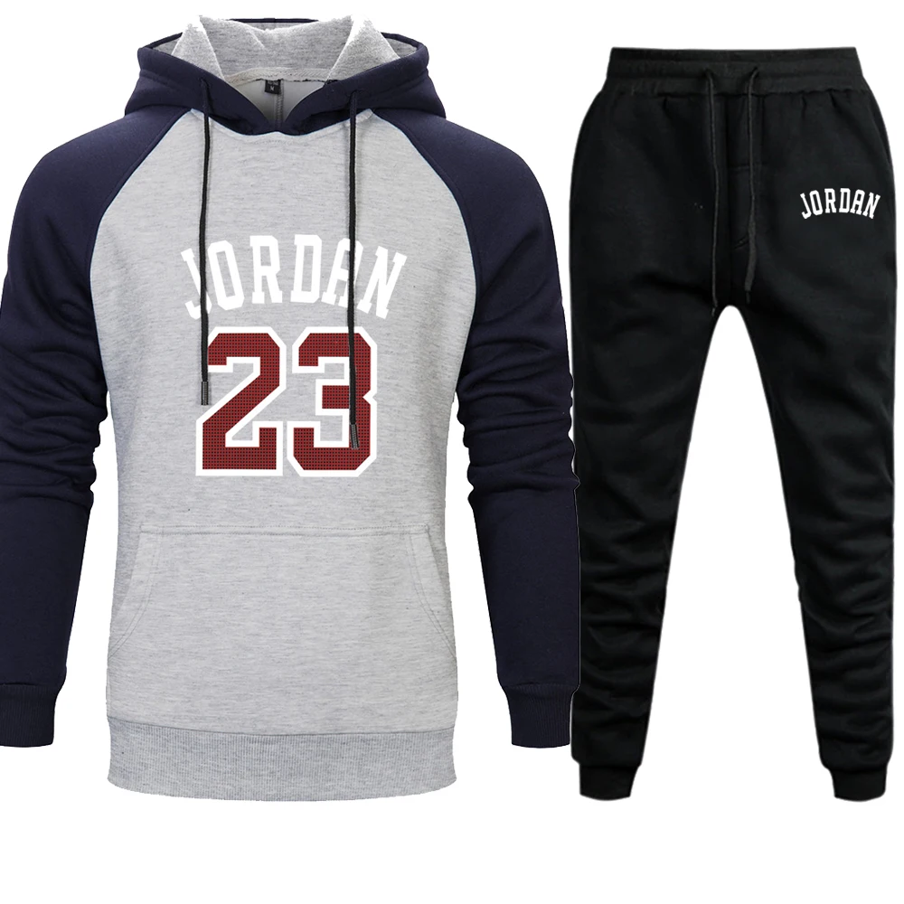 dark blue gray6 Jordan 23 Tracksuit Men Sets Winter Hoodies Pants 2 Piece Set Fashion Hoody Mens Sweatshirt Sport Joggers Sweatpants Suit - Цвет: dark blue gray6
