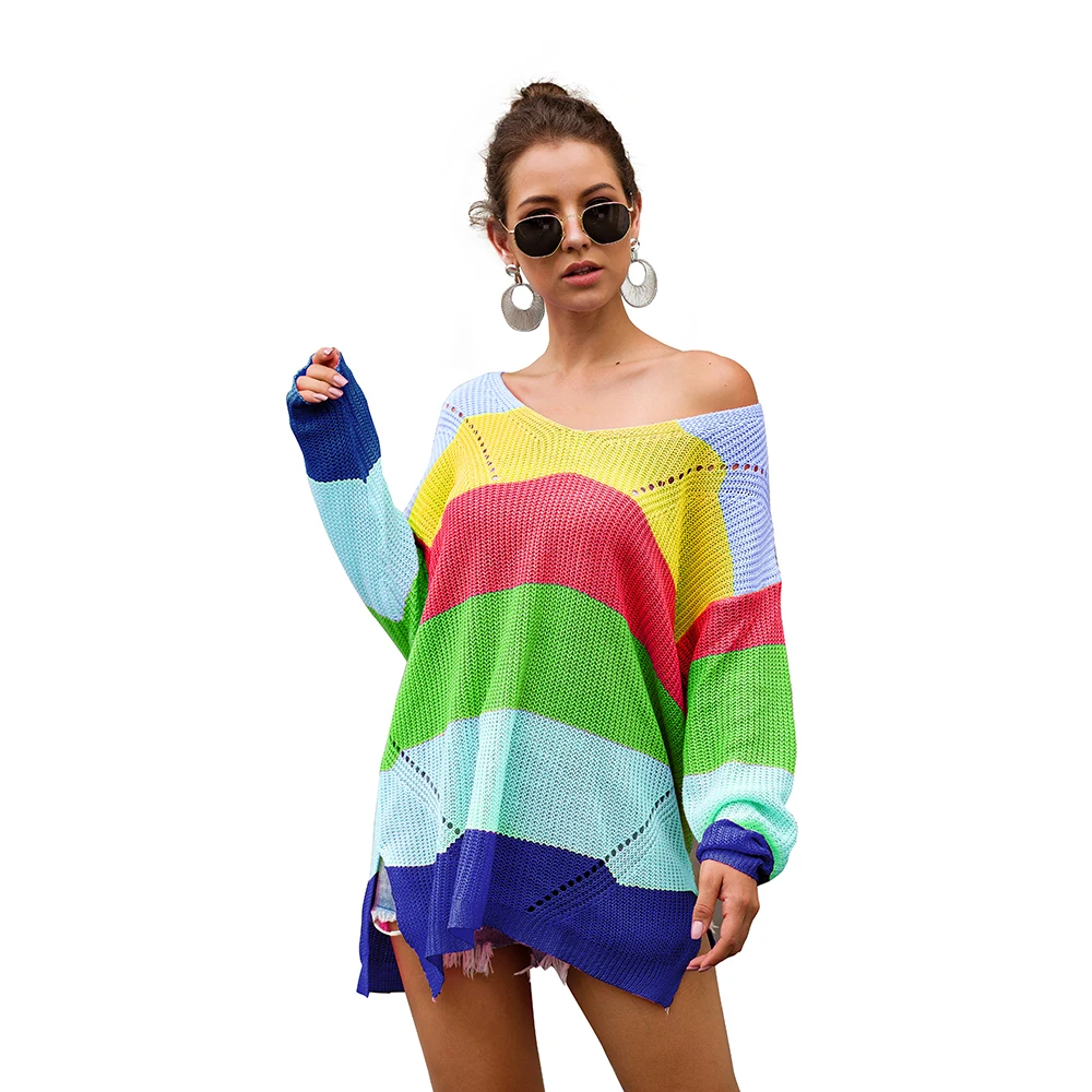 

Fashion Rainbow Color New Autumn Winter Colorful Woman Knitted Pullover Loose Casual Tops Female Full Sleeve Sweater 3087