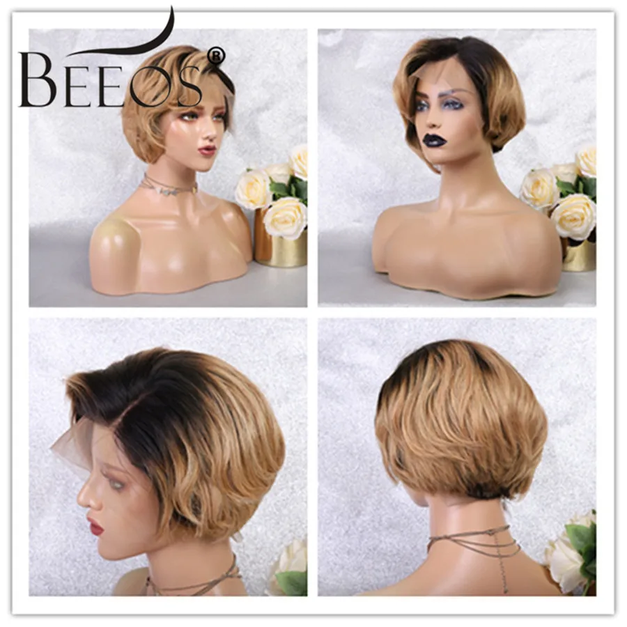 Короткий прямой Pixie Cut 13*6 глубокая часть человеческих волос парик 1b/27 медовый блонд цвет бразильский remy волосы отбеливатель узлы