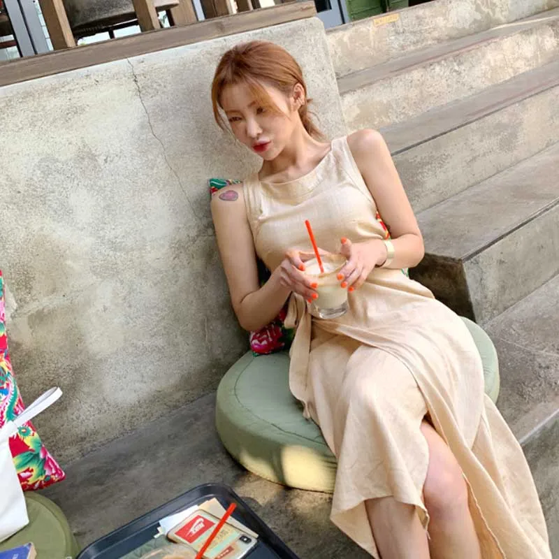 2020 New Summer Vintage Sleeveless Solid Dress For Women Office O Neck Off Shoulder High Waist Bandage Midi Dresses Female