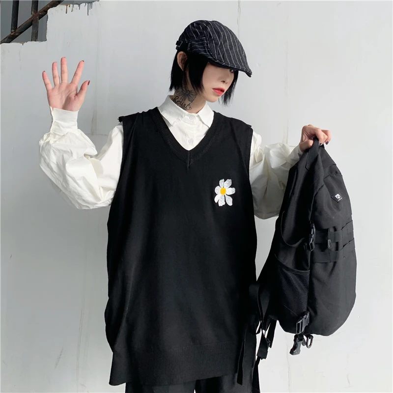 Новая Осенняя корейская мода ins Harajuku Ulzzang шикарная грудь Цветочная вышивка вязаный v-образный вырез свитер жилет свободная классная женская одежда