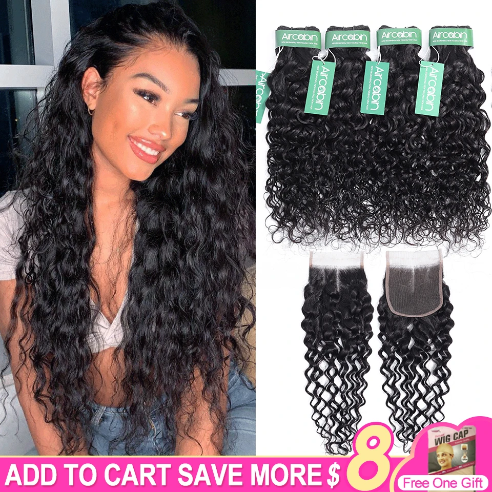 Remy-Hair Extension Closure Water-Wave-Bundles Aircabin Natural-Color Brazilian 