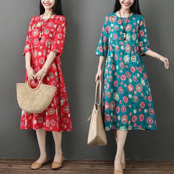 

9039# Vintage Floral Printed Cotton Linen Maternity Maxi Long Dress Summer Loose Clothes for Pregnant Women Plus Size Pregnancy