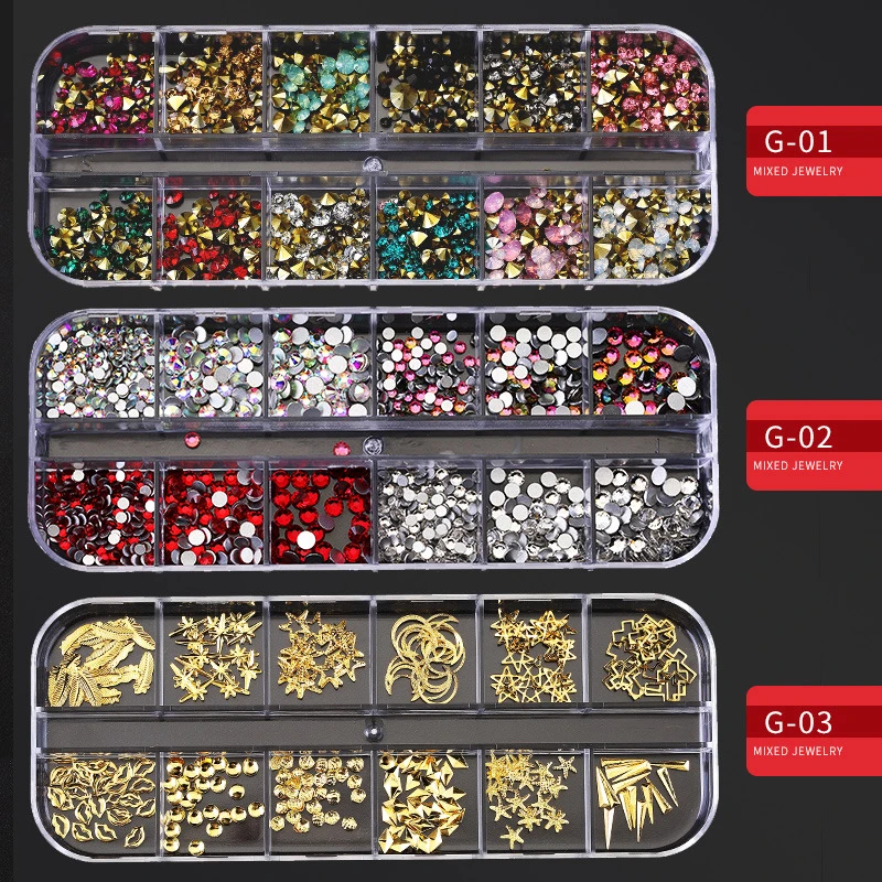 12 Grid Multi-size Nail Rhinestones 3D Crystal AB Clear Nail Stones Gems Pearl DIY Nail Art Decorations Gold Silver Rivet Rhines