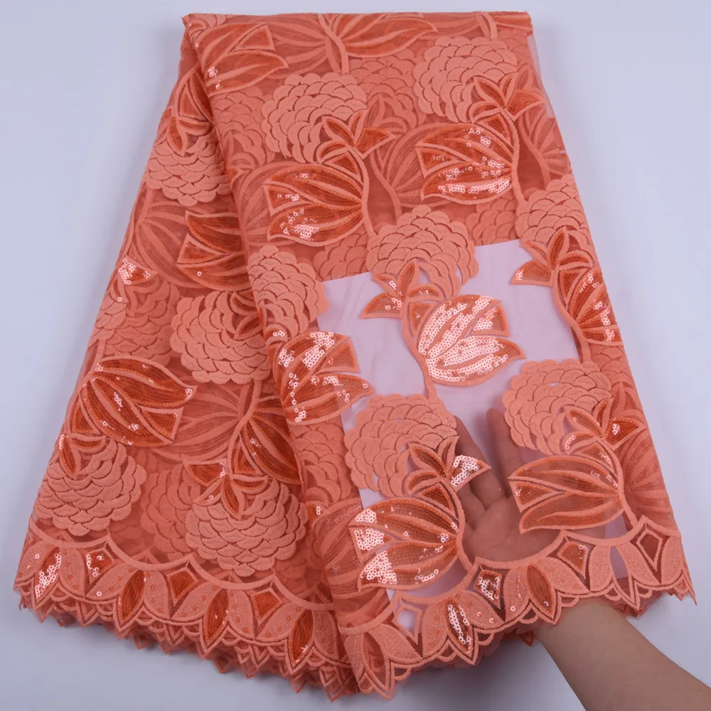

Orange African Embroidery Tulle Lace Fabric 2019 High Quality French Milk Silk Lace Fabric With Sequins 5 Yards For Dress 1684