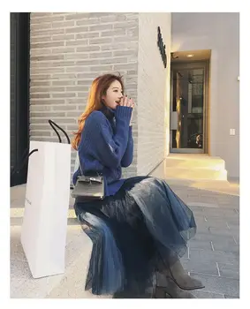 

Western Style Women's New winter 2020 Sweater + skirt Fashion Mesh Skirt For Girls Gentle Super Fairy Mesh Skirt Two Piece Set