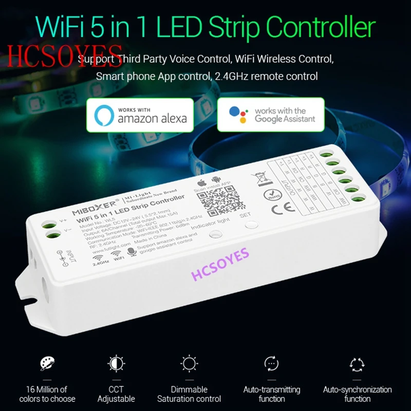 Miboxer WL5 2,4G 15A 5 в 1 WiFi светодиодный контроллер для одного цвета, CCT, RGB, RGBW, RGB+ CCT светодиодный полосы, поддержка Amazon Alexa Voice