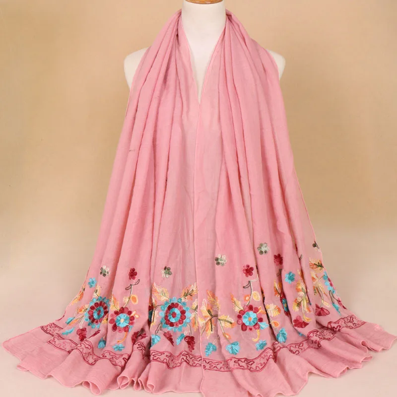 Custom Design Embroidery Hijab Scarf Muslim Shawl Cotton Scarves Floral Pashmina Malaysia Dubai Head Covering Wraps