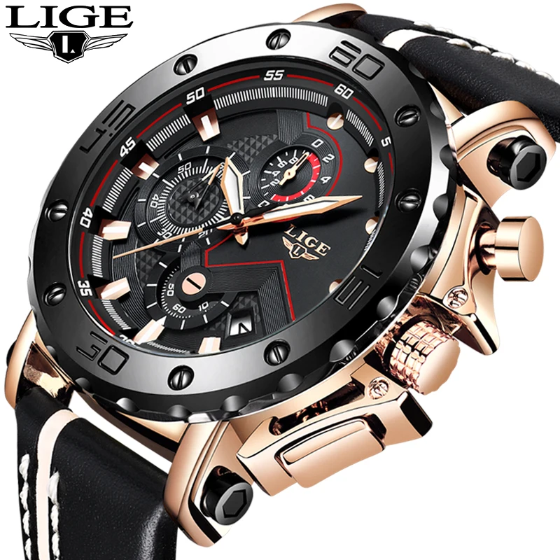 LI0GE Sport Clock Mens Watches Top Brand Luxury Chronograph Casual Leather Waterproof Date Quartz Watch Relogio Masculino