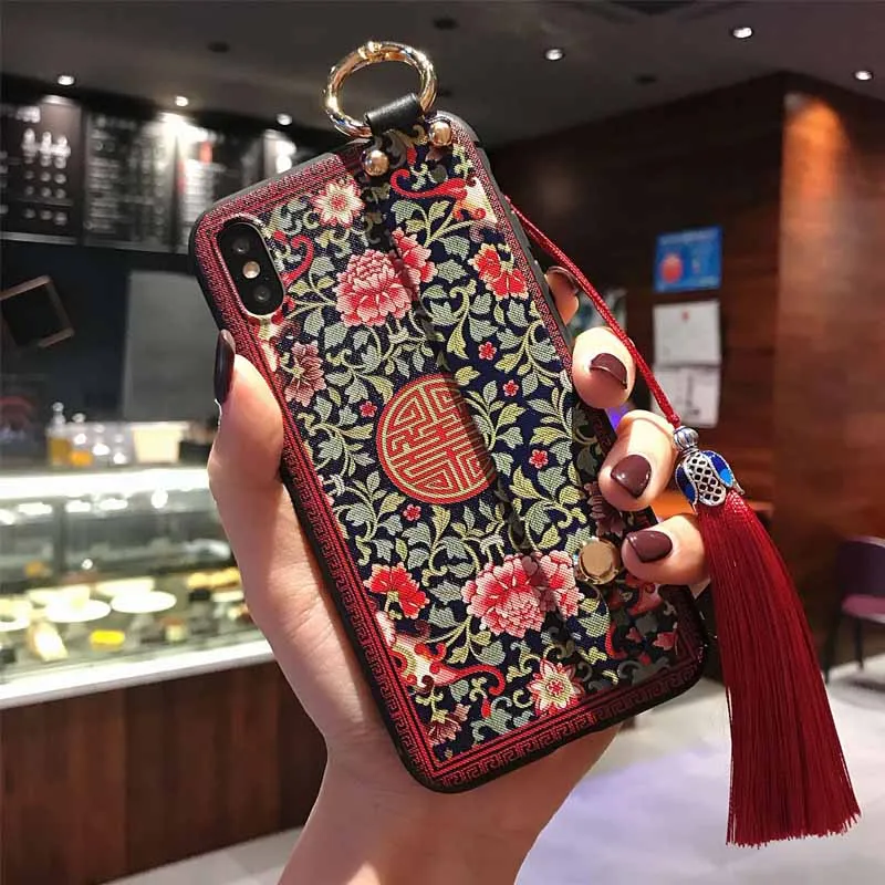 Китайский стиль синий дворец Safflower Чехлы для samsung S10 S9plus S8plus Note8 тисненая повязка на запястье кисточкой Висячие украшения крышка