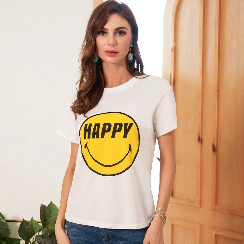 New ladies fashion college style smiley face pattern printed round neck all-match short-sleeved casual T-shirt | Женская одежда