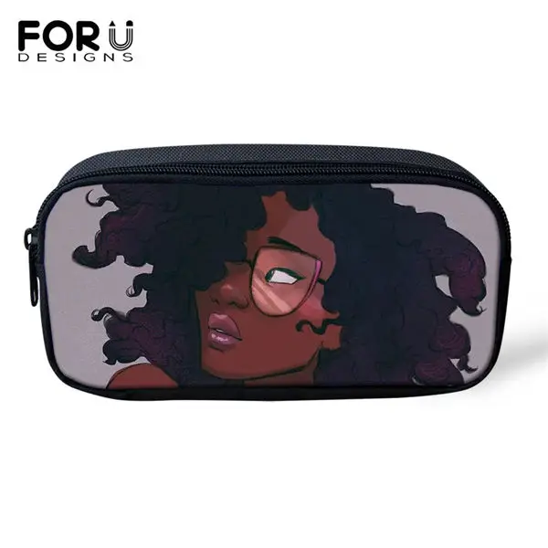 FORUDESIGNS/Детские пеналы с рисунками из мультфильмов, черные, с рисунком афро, для девочек, дорожные сумки для макияжа для девочек, афро-художественный дизайн, студенческие мини-пеналы для ручек - Цвет: CDWX4001K