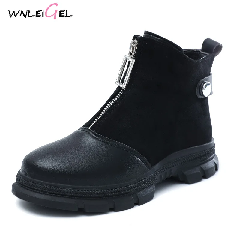 WLG/зимние модные ботинки «мартинсы» для девочек; повседневная детская обувь на плоской подошве с заплатками на молнии; Детские теплые зимние ботинки для девочек