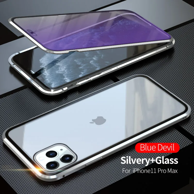 Роскошный противоударный защитный чехол для телефона, чехол для iPhone 11 Pro Max, синее закаленное стекло и Алюминиевый металлический магнитный чехол