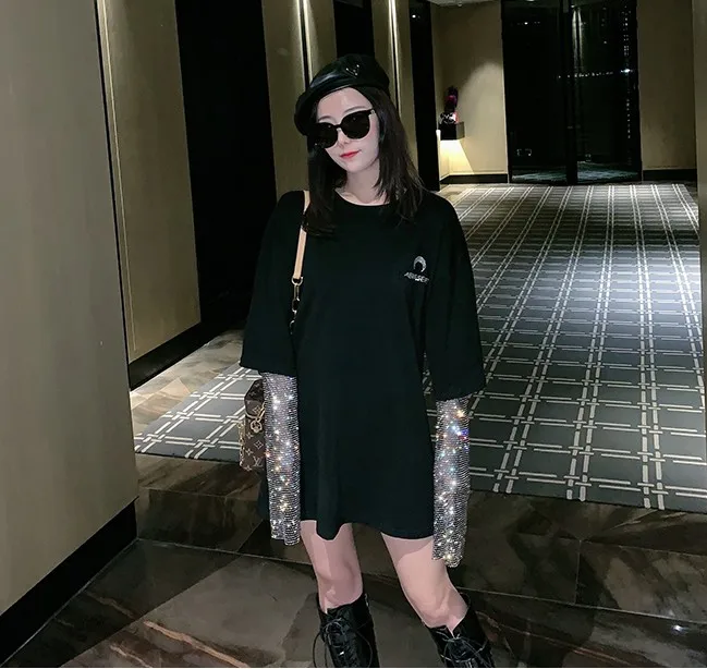 Новинка, женские свободные футболки Ins Boyfriend Wind, стразы, рукава, черная длинная рубашка, женское платье, майка, топы