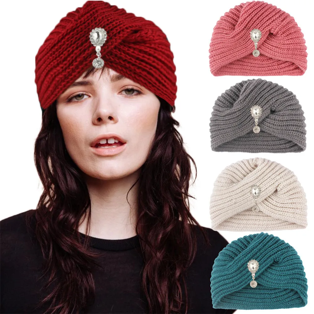 

New Fashion Winter Casual Knitted Hat Women Cap Knit Hats Warm Female Pearl Jewelry Cross Hat Knitting Bonnet Turban Cap
