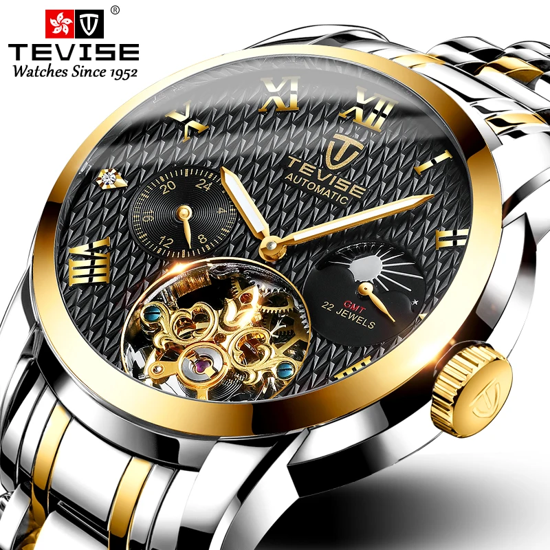 

TEVISE Top Luxury Brand Men Automatic Watch Men Stainless Steel Tourbillon Mechanical Wristwatch Moon phase Waterproof Clock