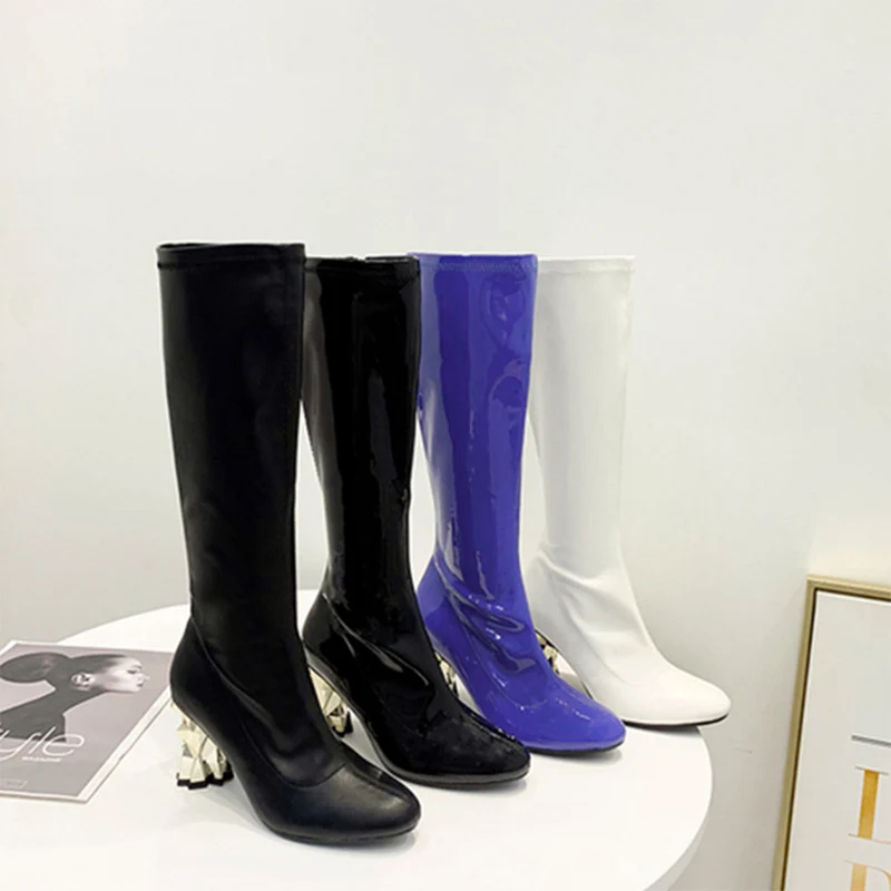 

Boussac Patent Leather Knee Boots Women Strange Metal Heel Thigh High Boots Women Designer Winter Shoes Women SWE0669