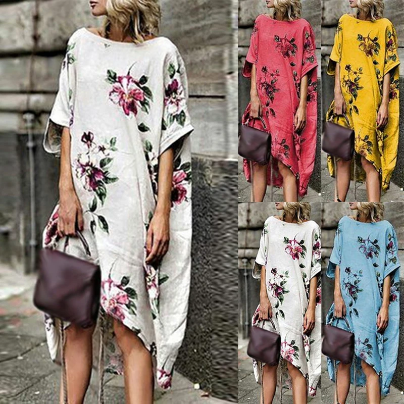 Большие размеры Boho женское платье с цветочным принтом летние женские пляжные свободные пляжные платья