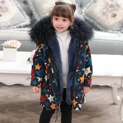 Star Blue Fur Зимние детские парки с натуральным мехом Куртка с граффити меховые куртки для мальчиков теплая одежда для девочек съемная подкладка из меха кролика - Цвет: Star Blue Fur