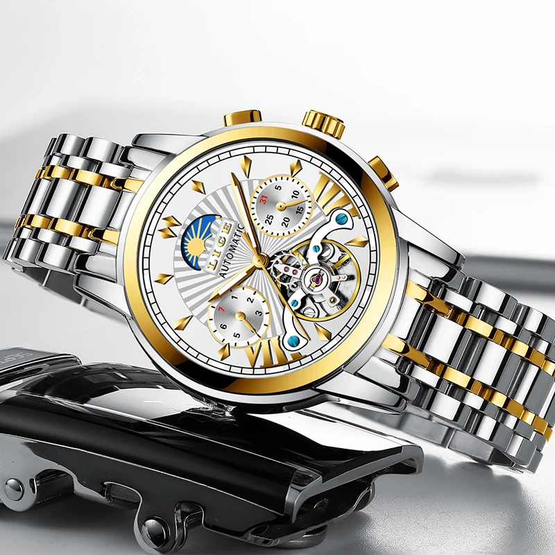 

LIGE Mens Watches Top Brand Luxury Tourbillon Automatic Mechanical Business Clock Gold Watch Men Reloj Mecanico de Hombres+Box