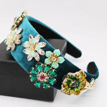 

Trend Vintage Baroque Headband Women Wedding Crystal Flower Hairband Wide Blue Velvet Queen Crown Tiara Bridal Hair Accessories