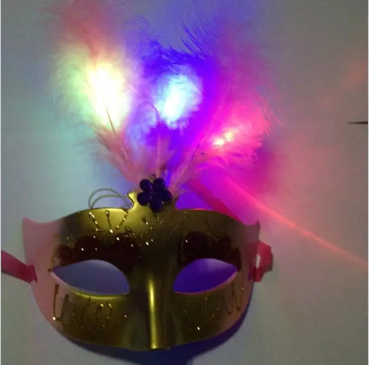 Novelty RGB Flash Gold Powder Princess Feather Mask PVC Masquerade Venetian Masks New Halloween Party Mask free shipping