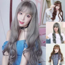 Парик длинные волосы с воздушной челкой пушистые длинные вьющиеся волосы парик волнистая волна воды для девочек косплей WH998