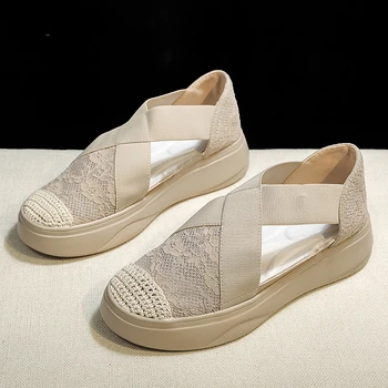

Mid Heel Wedges Shoes Spring Summer Mesh Loafers Inner Heel Height Increasing Round Toe Side Empty Hollow Sandals Harajuku Shoes