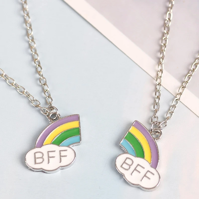 A Best Friends Pendant Necklace Set Chain 2 Pcs/ Set with the words "bff" and a vibrant rainbow design.